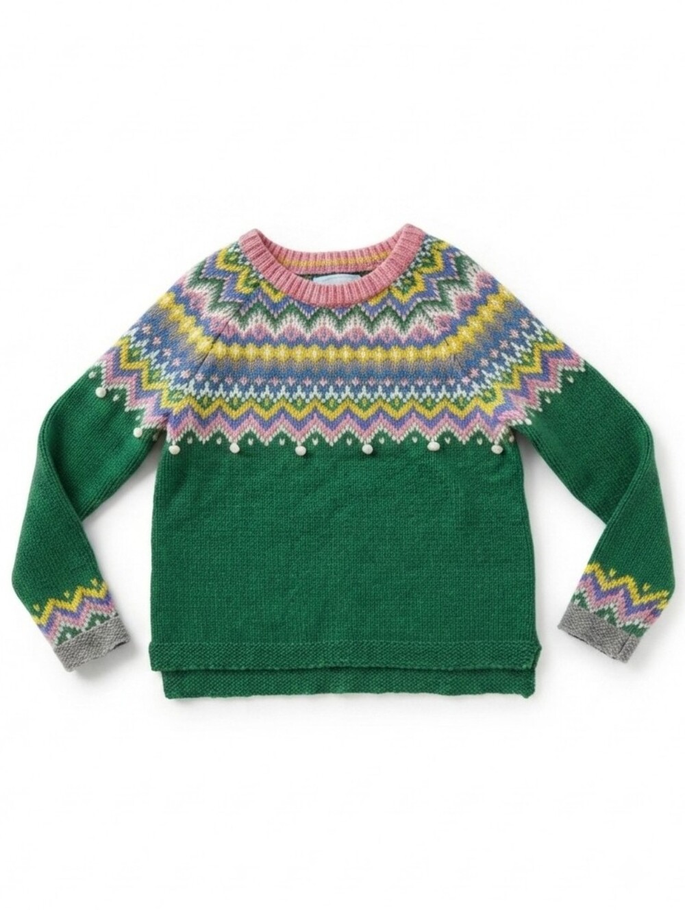 Green Fair Isle Sweater with Pom Trim - Brand: